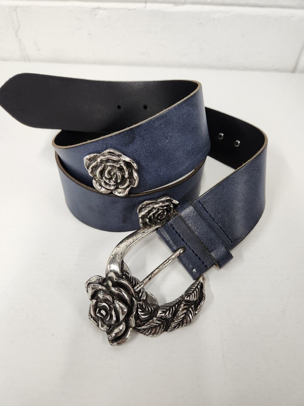 Unique Antoniazzi Firenze Women's Leather Elegant Belt, Sz XL, Navy Blue/Silver